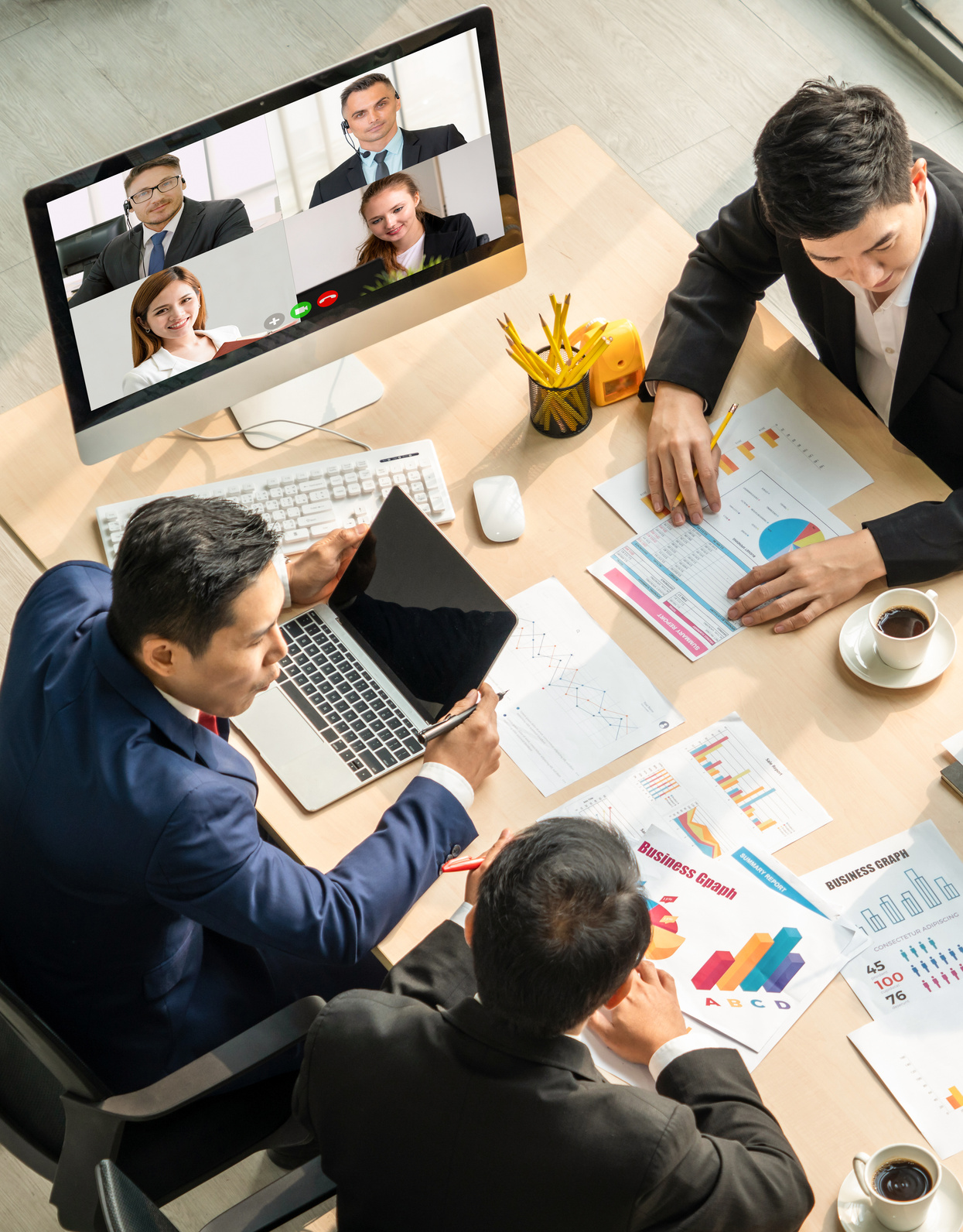 Video call group business people meeting on virtual workplace or remote office