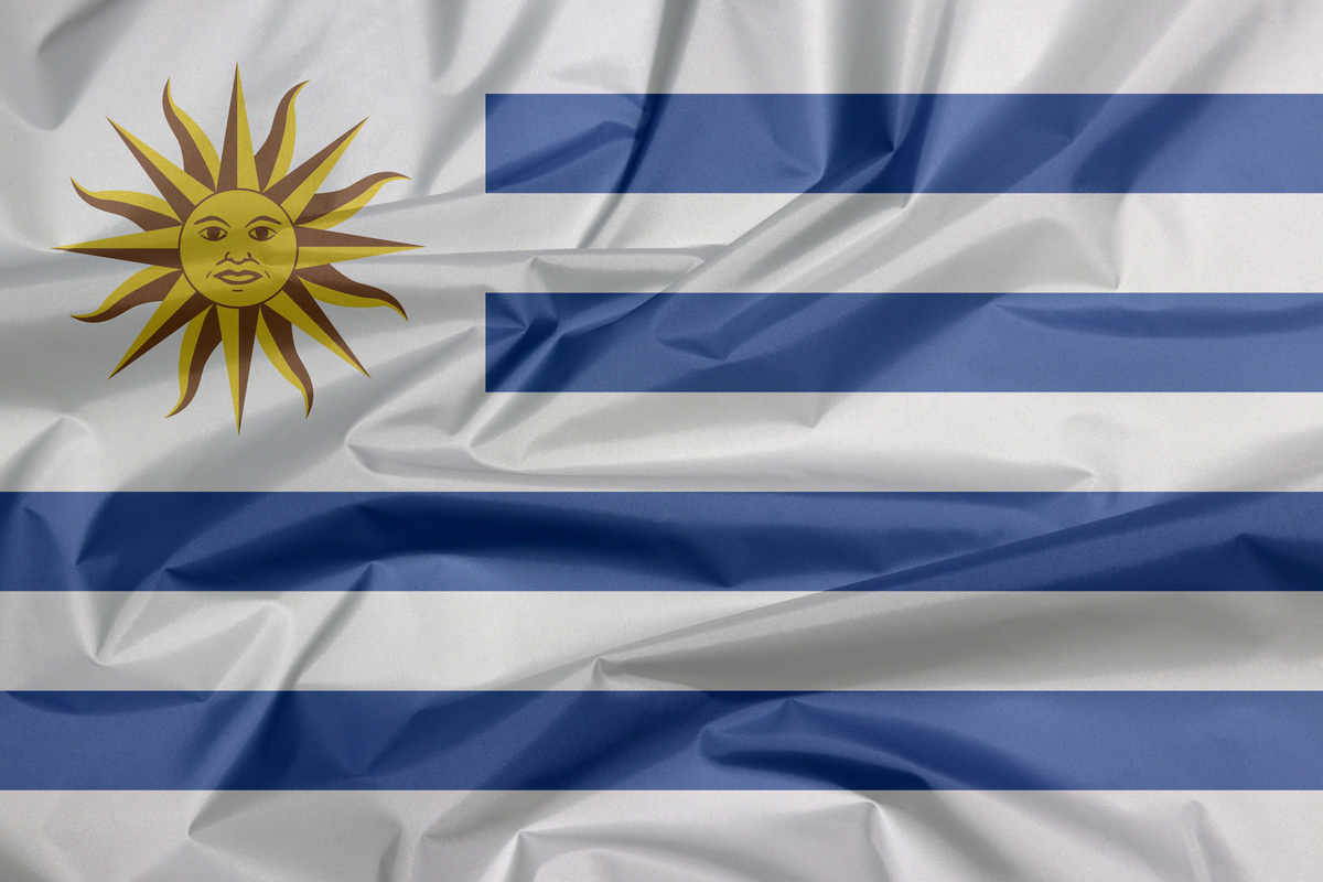 Fabric flag of Uruguay. Crease of Uruguayan flag background.